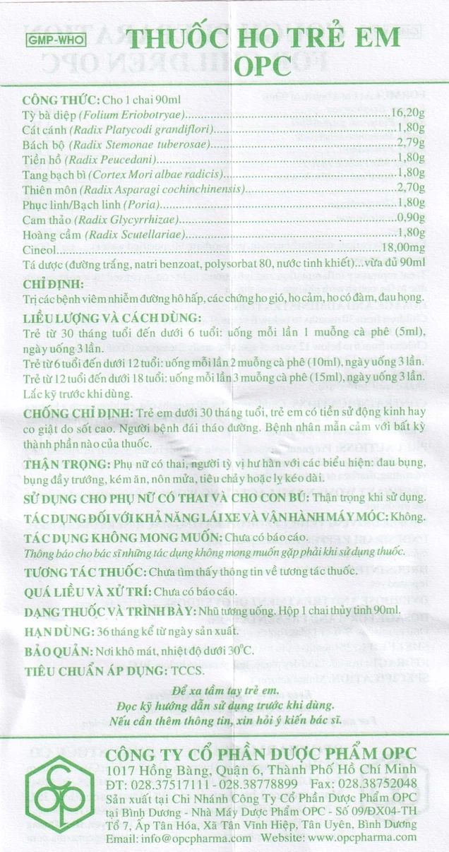 Thuốc ho trẻ em OPC HDSD