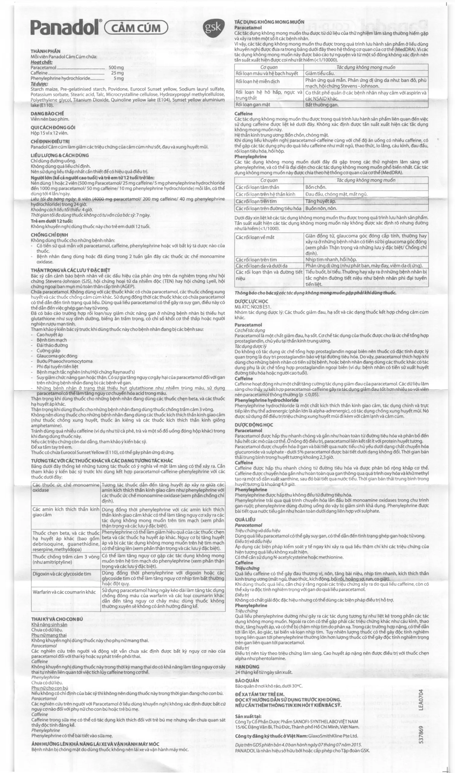 Panadol Cảm Cúm HDSD