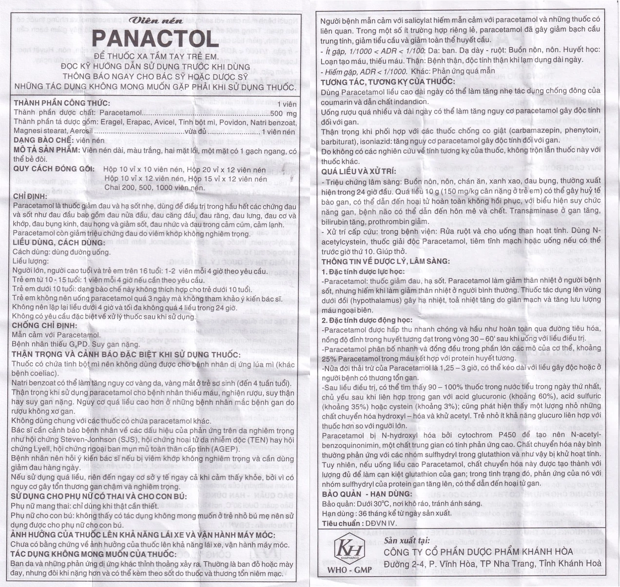 Panactol 500mg HDSD