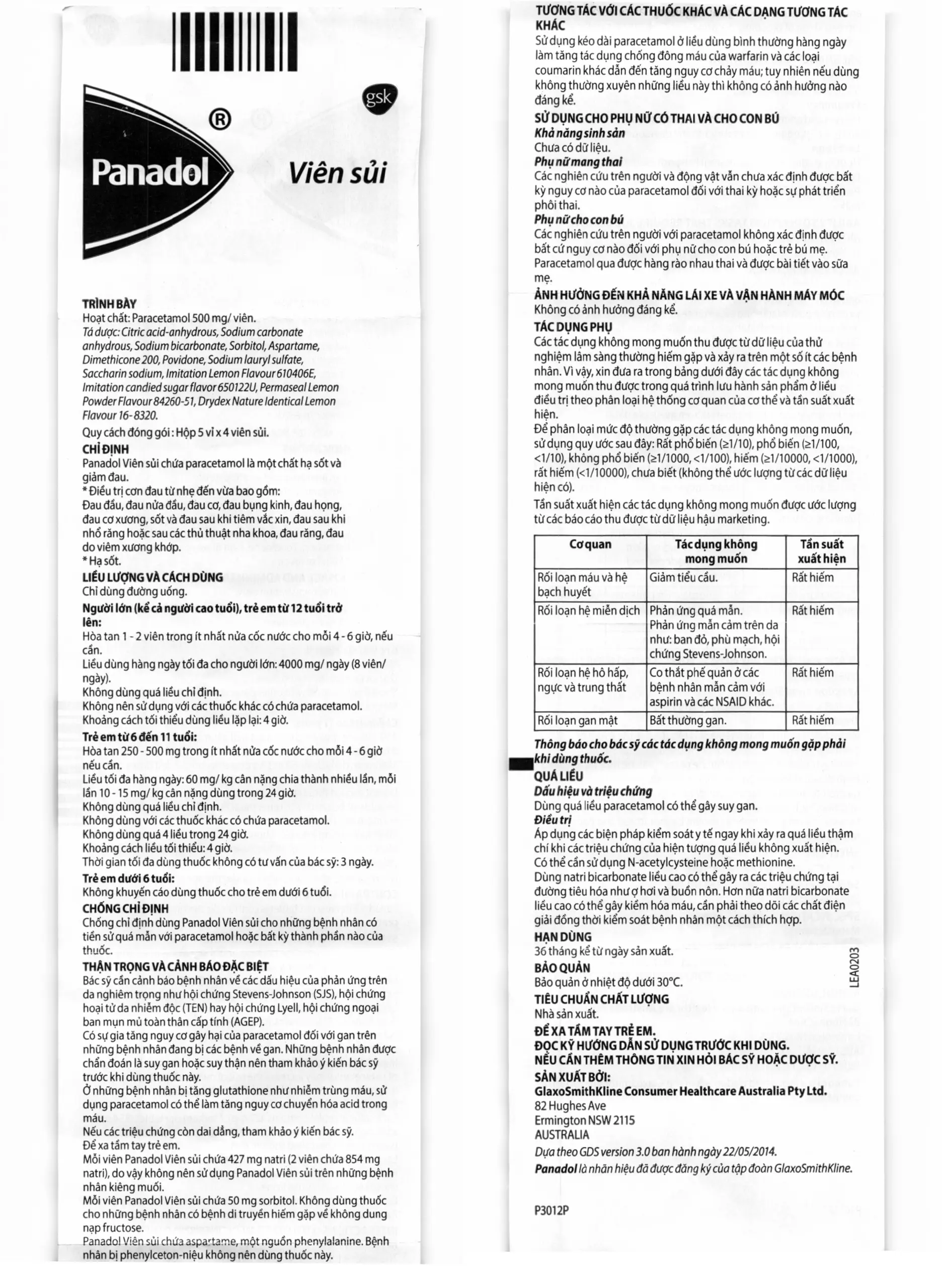 Panadol 500mg HDSD